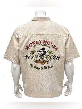 Disney Parks Mickey Mouse in Paradise Beige Embroidered Floral Shirt Size Large